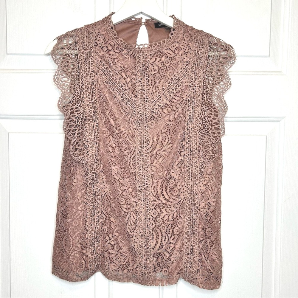 Cable & Gauge Lace Mock Neck‎ Sleeveless Blouse Women's Top Mauve Pink XS